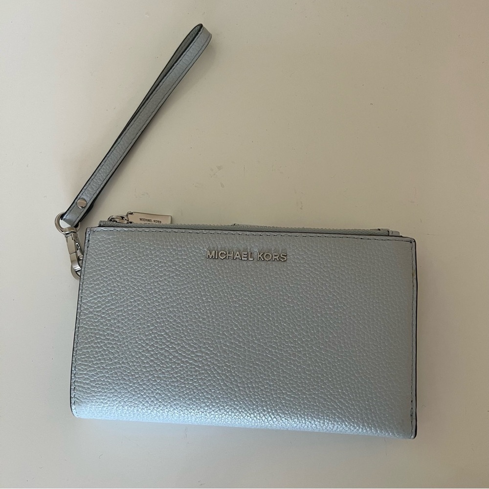Michael Kors Adele Double-Zip Pebble Leather Phone Wristlet • Soft Sky